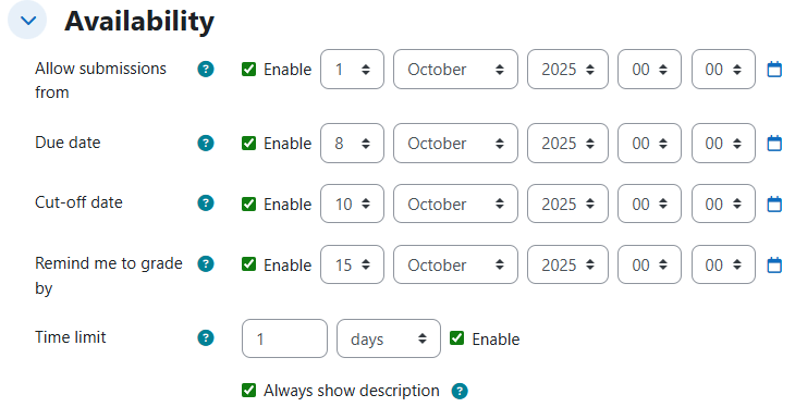 A screenshot of the assignment availability settings